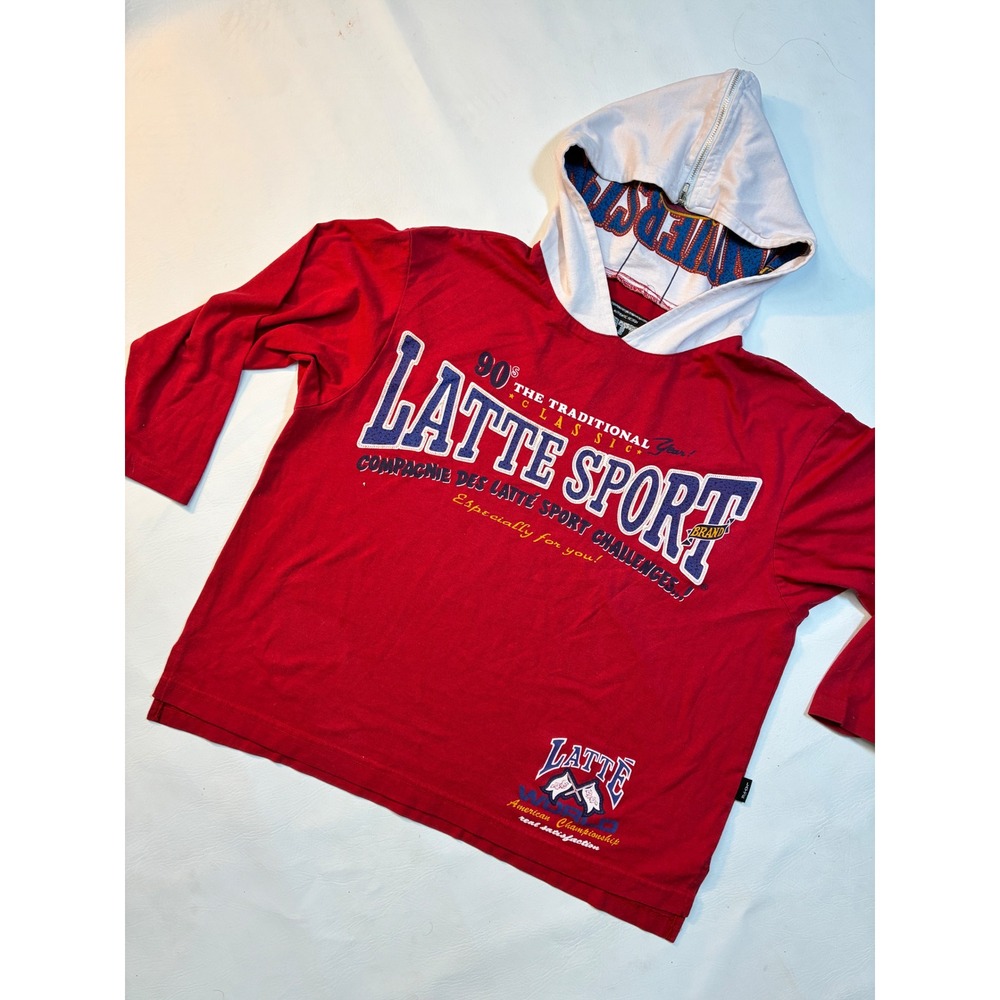 Latte Sport 90s Vintage Zip Up Hood Hoodie Shirt Red Spell Out Classic Pullover